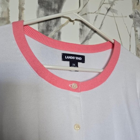 Land's End Fine Gauge Cotton Cardigan White W/Pink,Yellow,Blue Detail 2X - Picture 6 of 7